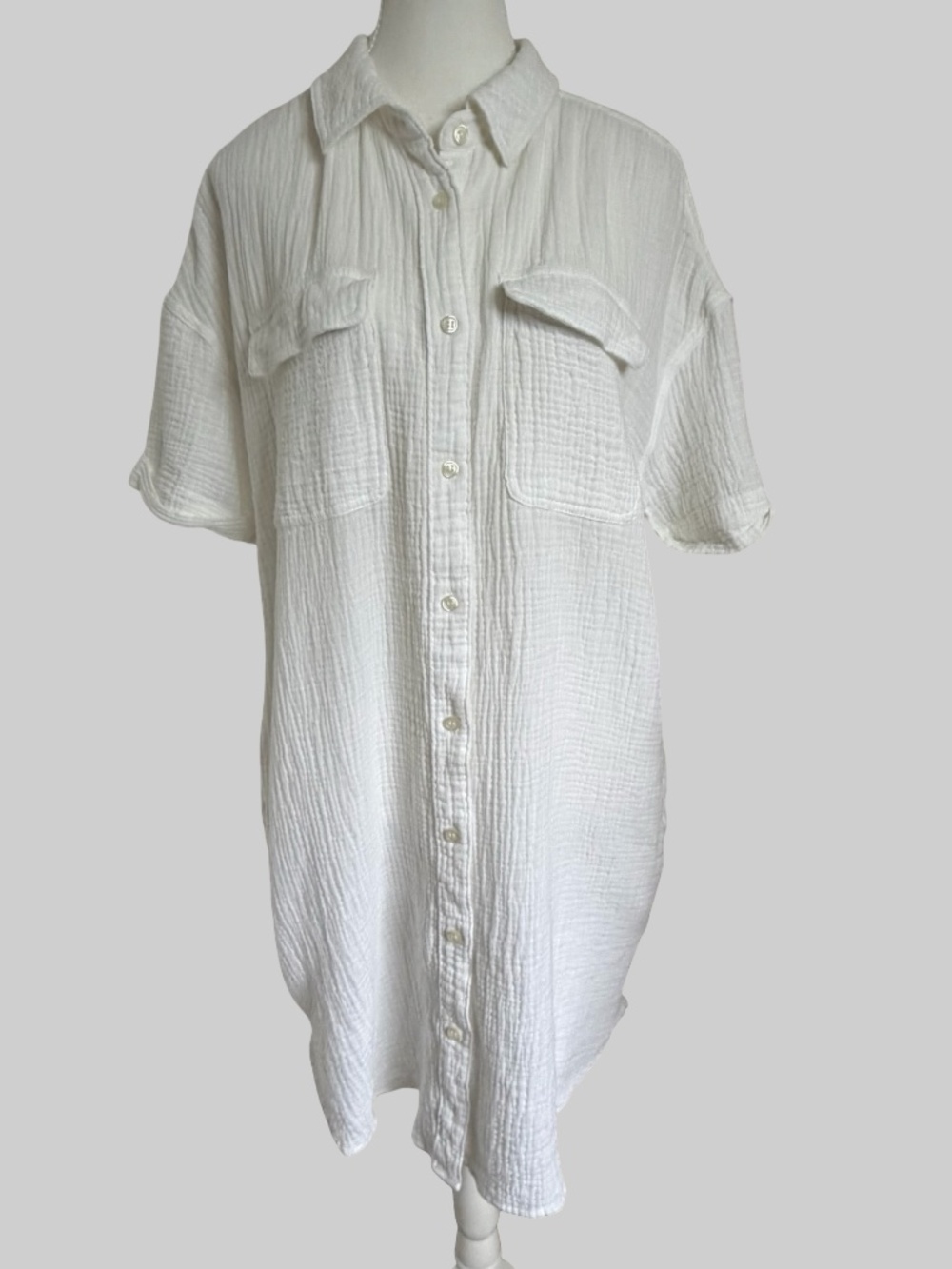 White Guaze Cotton Button Up Short Sleeve Summer Beach Dress- Sz-L